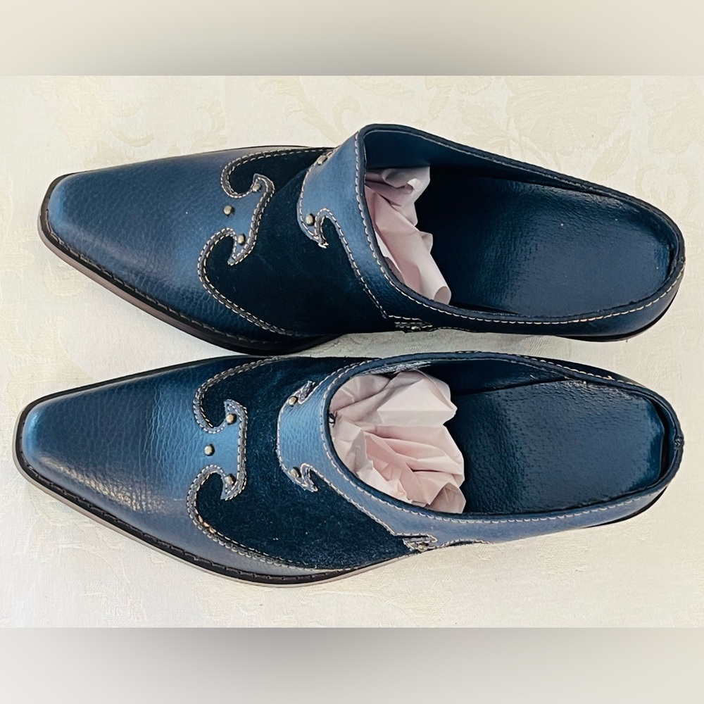 Women’s Retro Style Blue Suede And Leather Western Mules With 3” Heel Size 7 - Picture 5 of 11